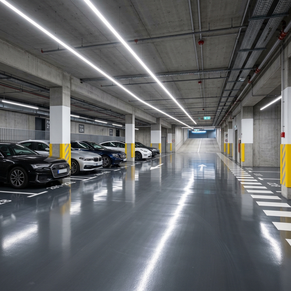 Kapalı otopark zemininde endüstriyel akıllı şap ve epoksi çizgi uygulaması